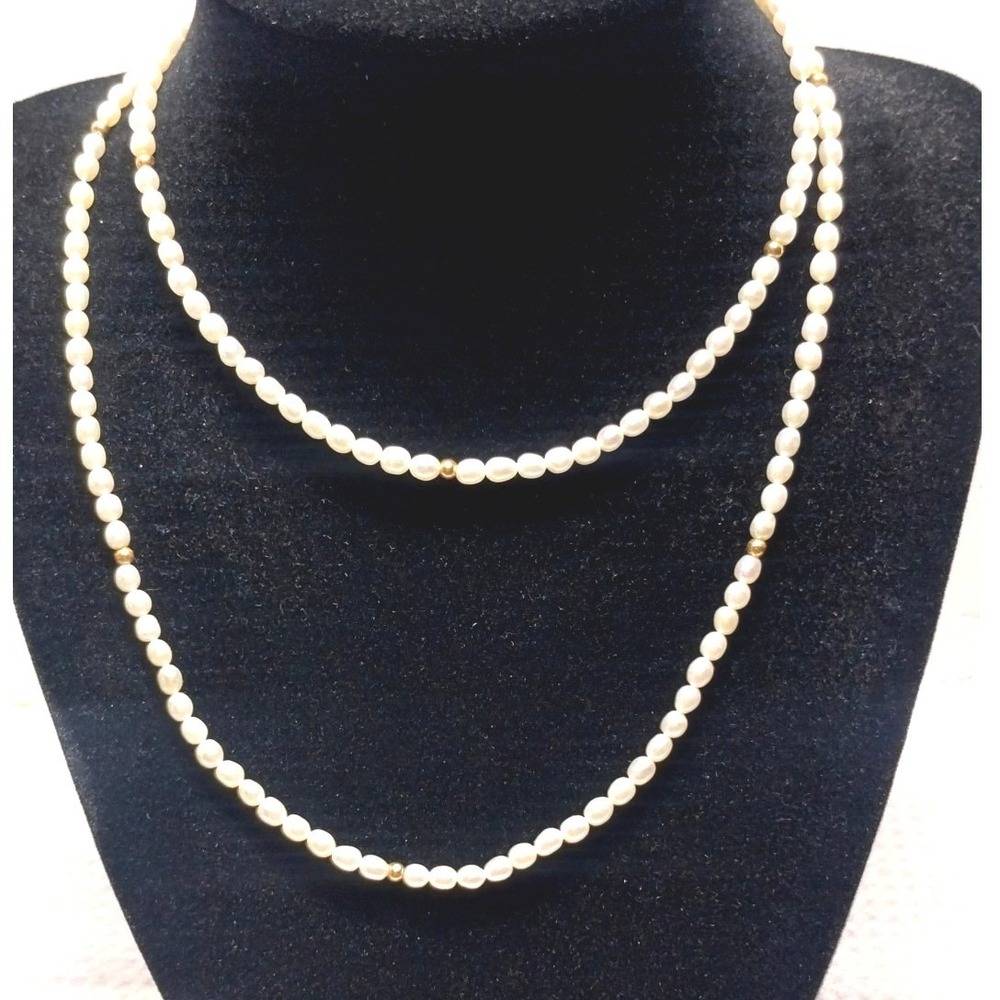 Cream Faux Pearl Strand‎ Necklace Gold Tone Accent Beads 30" Opera Length